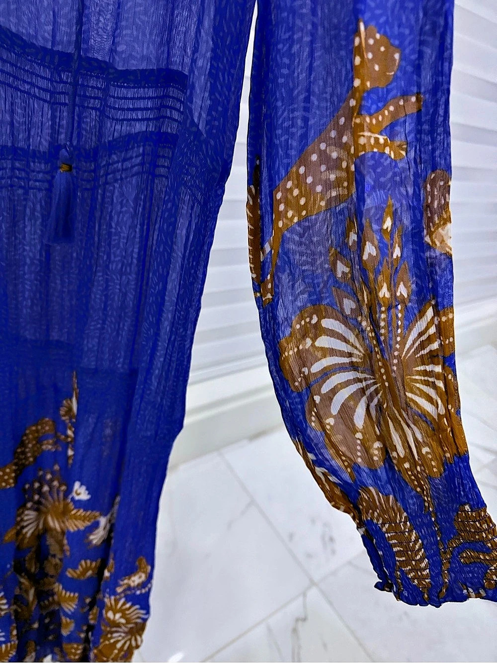 • Anthropologie Marais Printed Sheer Maxi Dress Blue Gold Floral Long Sleeve - Picture 5 of 10